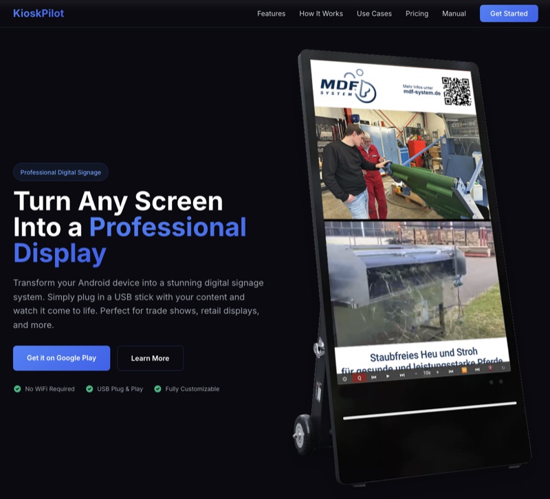 KioskPilot marketing website showcasing USB plug-and-play digital signage